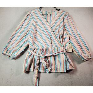 St. John's Bay Blouse Top Womens XL Multi Striped Cotton Long Sleeve Wrap V Neck